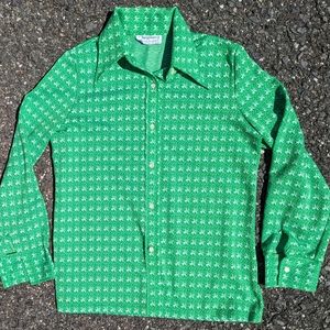 Vintage 1970s Green Floral Polyester Button Down Shirt L Ship' N Shore Retro Vtg